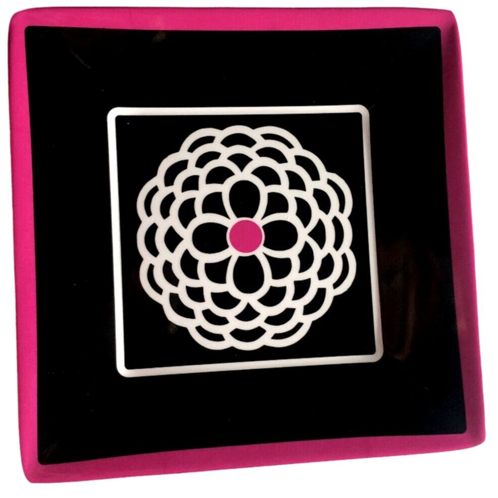 Waverly Salad Dessert App Plates Set of 4 Black Fushia Pom Pom Play 8" Square